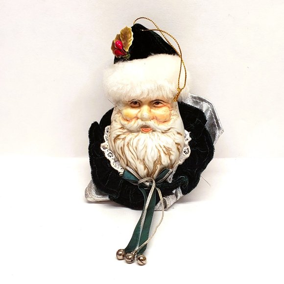 Old World Santa Christmas Ornament Lot x2 Ceramic Velvet Bells Blue Purple 5" - Picture 2 of 7